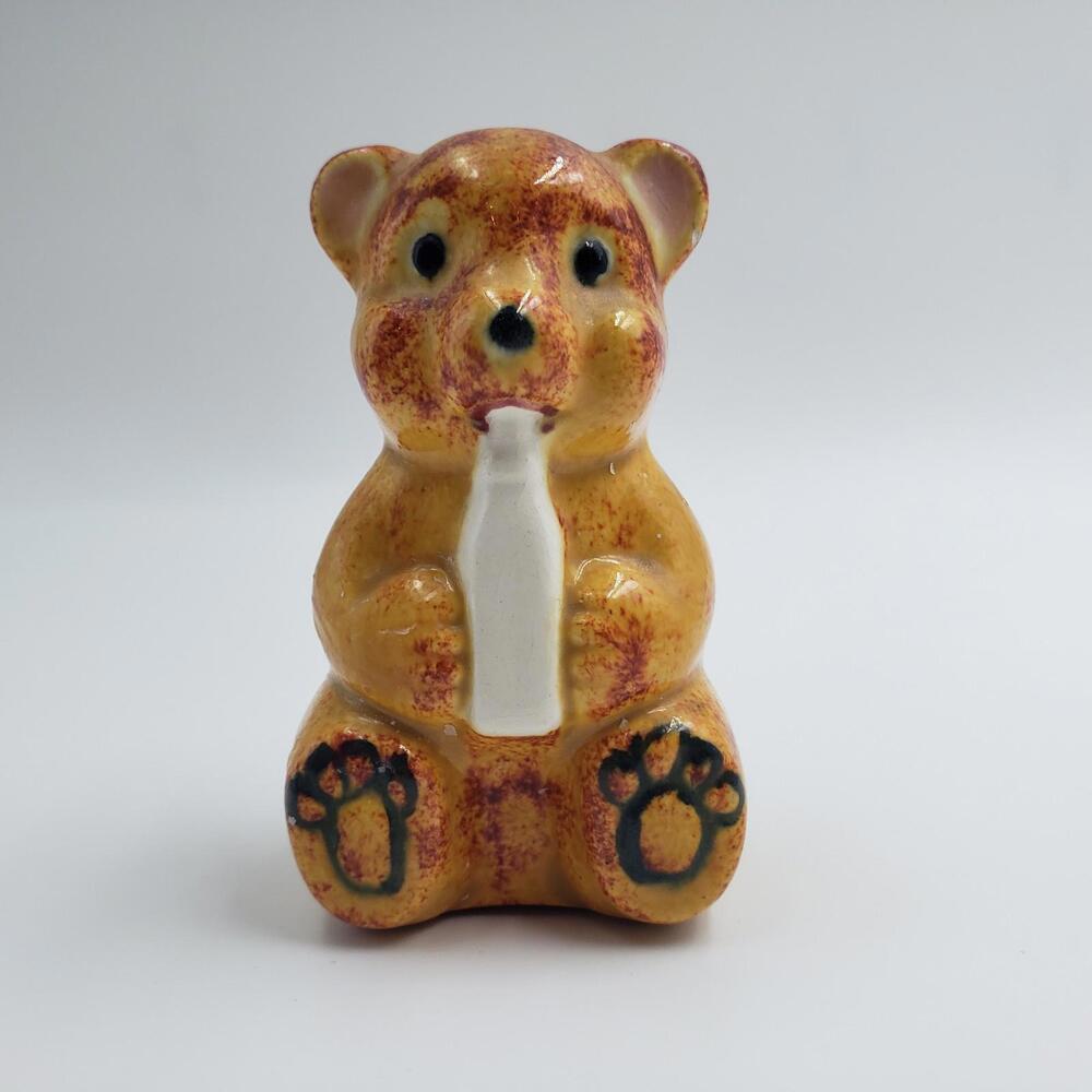 Vintage Hollow Ceramic Bear Cub with Bottle of Milk 3"